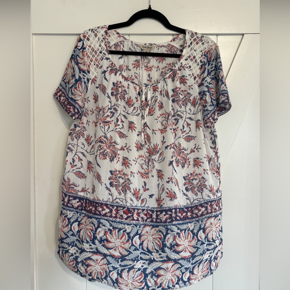 Lucky Brand White Floral Boho Blouse with Blue and Rust Accents